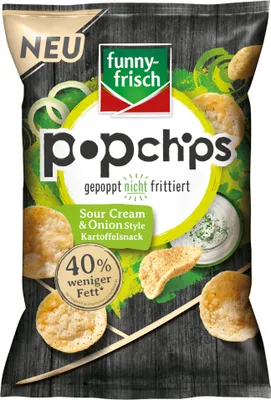 A bag of funny frisch Popchips Sour Cream and Onion Style.