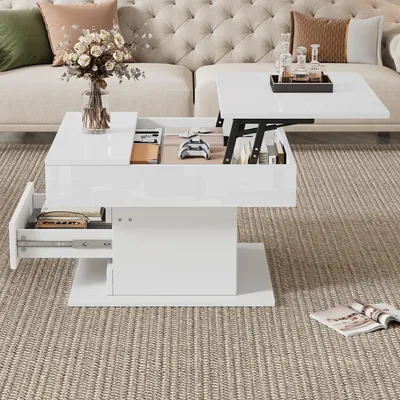 Image de MODFU Table Basse Géométrique - Relevable avec Tiroir et Compartiment Caché, Plateau Rotatif et Construction Robuste pour Salon ou Bureau - Blanc 70x70x45 cm