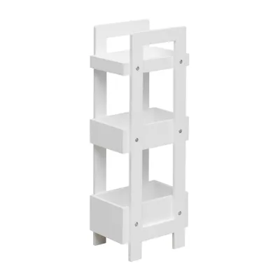 A white, three-tiered shelf unit.