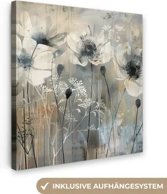 Produktbild von MuchoWow® - Leinwandbilder - Blumen - Pflanzen - Grau - Abstrakt, Wandbild, Wanddeko Bilder Wohnzimmer, 50x50 cm