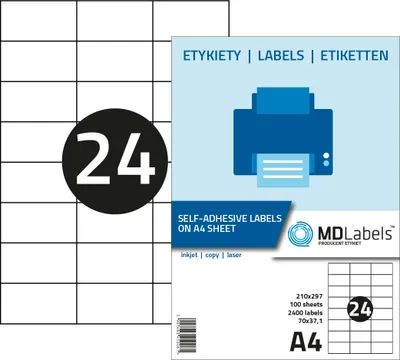 Produktbild von MD Labels Adressaufkleber DIN A4 (70 x 37 mm, 100 Blatt, Papier, matt) selbstklebend, bedruckbar, permanent haftend Universal Etiketten, 2400 Klebeetiketten, weiß