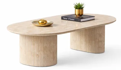 Produktbild von HOOZ® Couchtisch oval – inkl. Keramikplatte Traventin-Optik – Säulenfuß Design Halbrund & Rund – Sofatisch 130x70 cm – pflegeleicht & stabil