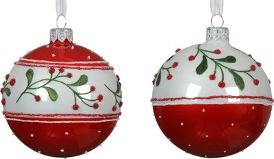 Produktbild von Weihnachtskugeln Glas 8cm Mistelzweig & Beeren Motiv 6er Set Rot Weiß