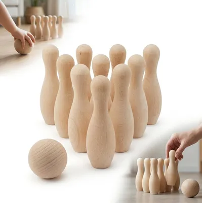 Immagine prodotto di BOWLING IN LEGNO DI FAGGIO con pallina da 5 cm, set da 10 pezzi, gioco di abilità