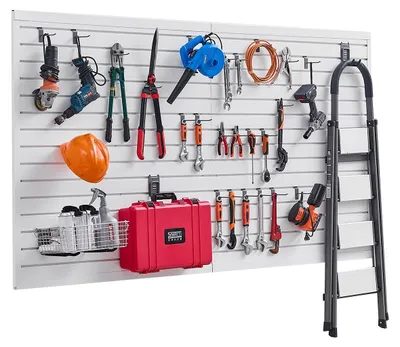 Obrázek produktu pro VEVOR stěna na nářadí 1225 x 2450 x 20 mm, PVC, 136 kg, bílá, nástěnné panely se spojovací konstrukcí a DIY řezáním na míru, vhodné pro skladování a prezentaci