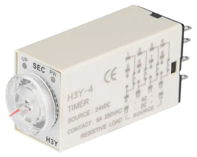 Zdjęcie produktu dla Przekaźnik czasowy H3Y-4, sterowanie wskazówkowe, opóźnienie, zegar, 14-stykowy, 24 V DC (60 s)