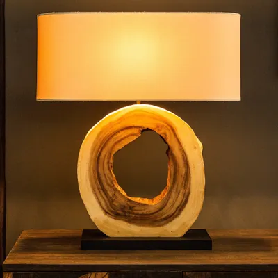 Produktbild von riess-ambiente Einzigartige Tischlampe ORGANIC ARTWORK 63cm regenbaum mit Leinenschirm cremeweiss Tischleuchte Wohnzimmerlampe Nachttischleuchte