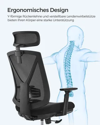 A black office chair is shown next to a blue anatomical illustration of a human spine, highlighting ergonomic support.