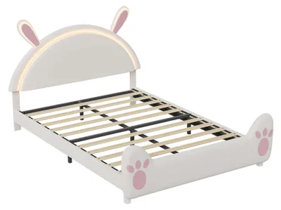 Image de Lit bébé - Tête de lit rembourrée en forme de lapin - Éclairage LED - Sommier à lattes - Espace de rangement sous le lit - 90 x 200 cm - Blanc