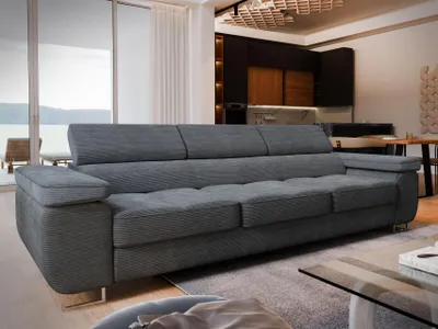 Produktbild von Sofa MOSINE Grau Kordstoff mit Schlaffunktion, Wohnzimmersofa, Couch, Soffa, Bettsofa, Couchgarnitur- Grau, POSO 60
