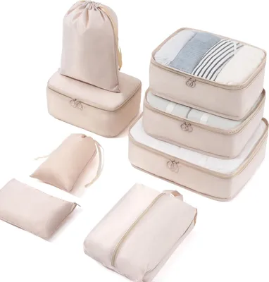 Produktbild von Packing Cubes 8-teiliges Set Koffer-Organizer - Urlaub und Reisen - Packwürfel Aufbewahrungssystem - Koffer für Reisen - Geschäftsreisen - Camping - Sommerlager - Beiger Koffer Organizer