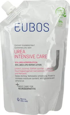 A refill pouch of Eubos Urea Intensive Care lotion against a white background.