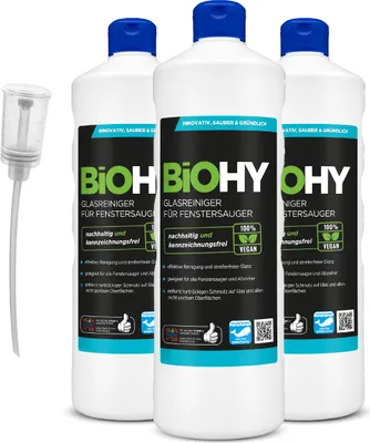 Produktbild von BiOHY Glasreiniger für Fenstersauger (3x1l Flasche) + Dosierer | geeignet für alle Fenstersauer | sorgt für strahlenden Glanz auf allen glatten Flächen | für eine klare und streifenfreie Reinigung