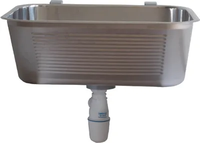 A stainless steel sink with a drain pipe attached, isolated on a white background.