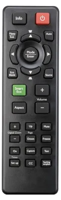 A close-up view of a black remote control with various buttons.