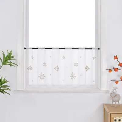Produktbild von Joyswahl Weihnachtliche Scheibengardine mit goldenen Sternstickereien Festliche Weihnachts Bistrogardine Fensterdeko Küche Bad Wohnzimmer Tunnelzug Transparent Weiß HxB: 45x120cm, 1 Stück