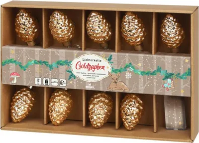A box of golden pinecone-shaped string lights.