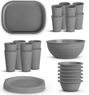 Image de Set de vaisselle en plastique - réutilisable, gris, 30 pièces, 6 personnes