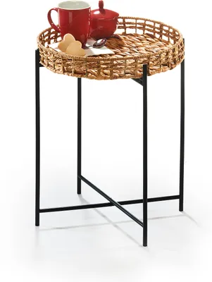 Obrázok produktu pre Kobolo príručný stolík TEATIME z vodného hyacintu a kovu okrúhly - podnos - 35x35x45 - rozkladací stolík stolík na notebook konferenčný stolík príručné stolíky nočný stolík