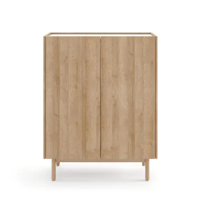 Produktbild von BETTSO Kommode BOHO 97x122 cm Zweitürig Hochkommode Eiche Hellbraun Weiß Marmor Holzbeine Schrank Wohnzimmer Schlafzimmer Hoch Modern