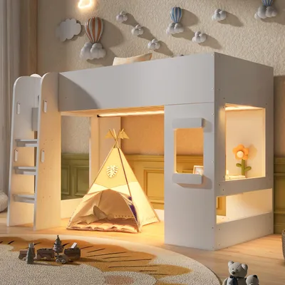 Produktbild von Merax Hochbett 90x200 cm mit LED-Beleuchtung, Kinderbett mit Schreibtisch und Sicherheitsleiter, Einzelbett Jugendbett mit hohem Schutzgitter, Weiß