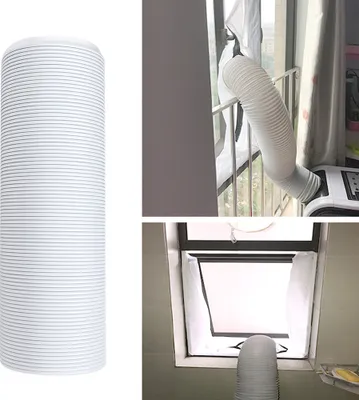 Collage showing a portable air conditioner exhaust hose and its installation in a window.