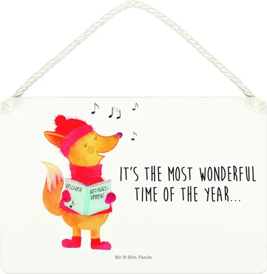 Produktbild von Mr. & Mrs. Panda Schild Fuchs Sänger DIN A4 - Weiß - Geschenk, Weihnachtslieder, kleine aufmerksamkeit, Singen, Türschild, Winter, Holzschild, Wandbild Holz, Weihnachten