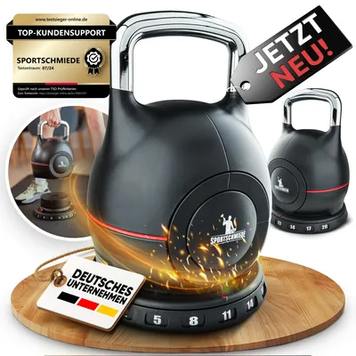 A kettlebell is shown on a wooden board with various marketing elements and text overlays.