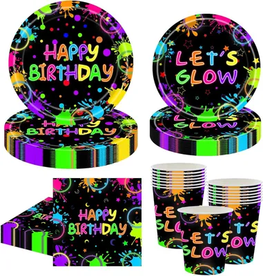 Productafbeelding van Neon Glow partyservies voor 16 gasten - Set van 68 - Decoratie verjaardagsservies - Blacklight - Kinderverjaardag