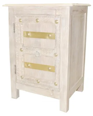 Produktbild von Orientalischer Nachttisch aus Holz, Santino, Shabby-Chic, weiß, 71 cm hoch | Orientalischer Vintage-Nachttisch, handverziert | Indischer Nachttisch, auch für Boxspringbetten | Asiatische Möbel aus Indien