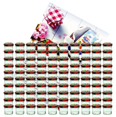 Image de 100 pots en verre 125 ml To 66 décor fruits couvercle incl. sucre diamant magie gélifiante livret de recettes
