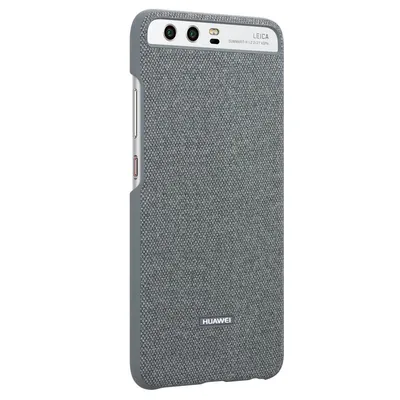 A gray fabric phone case for a Huawei P10 Plus, shown from a slightly angled side view against a white background.