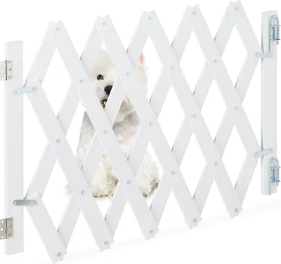 Image de Relaxdays barrière pour chiens extensible jusqu'à 108,5 cm, 47,5-60 cm de haut, en bambou, barrière de protection pour chiens pour escalier & porte, blanche
