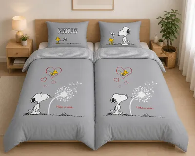 Produktbild von Peanuts Partner Bettwäsche mit Snoopy 4-teilig Doppelpack 80x80 + 135x200cm 100% Baumwolle mit Reißverschluss, KI-generiertes Bild