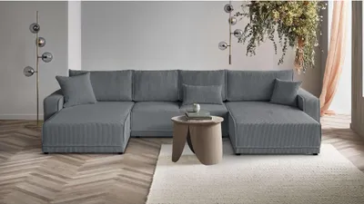 Produktbild von U-Form Ecksofa Primo U Polsterecke für Wohnzimmer mit Schlaffunktion und Bettkasten Eckcouch aus Cordstoff, Stoff: poso 60 - grau