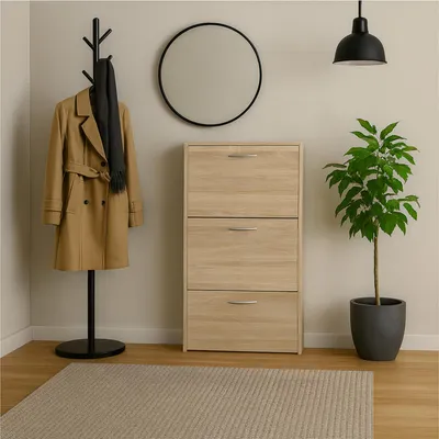 An entryway with a shoe cabinet, coat rack, mirror, and plant.
