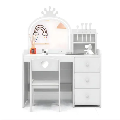 Produktbild von Kinder Schminktisch Set mit Spiegel & Hocker – mit Beleuchtung – 3 Schubladen – Frisiertisch für Mädchenzimmer – Weiß