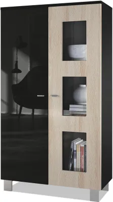 Produktbild von Vladon Vitrine Denjo, Germany, Standvitrine mit 2 Türen und 3 Glaseinsätzen, Schwarz matt/ Schwarz Hochglanz/ Eiche Sägegrau (71 x 129 x 35 cm)