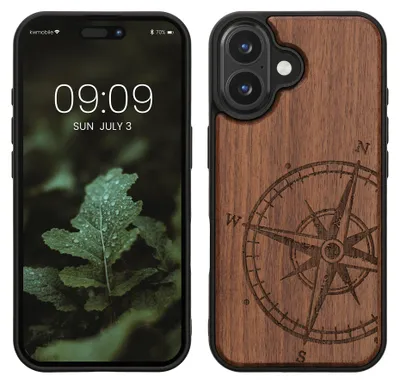 Produktbild von kwmobile Handyhülle für Apple iPhone 16 Hülle Holz - Case mit TPU Bumper - Stoßfestes Hardcase - Schutzhülle Cover in Dunkelbraun