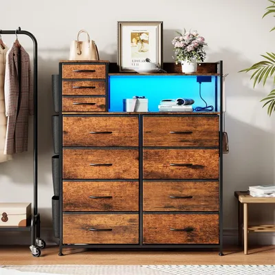 Produktbild von Hohe Kommode mit 11 Stoffschubladen, RGB-LED und USB, Braun