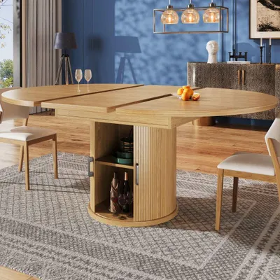Image de Table ronde à rallonges en bois pour salle à manger/cuisine ou balcon, transformable en table ovale, pour 6 personnes, 118-158 cm, couleur bois