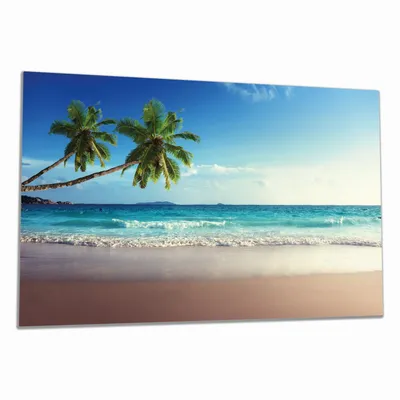 Produktbild von Wallario Herdabdeckplatte aus Glas, Größe 80 x 52 cm 1-teilig, Motiv Sandstrand auf den Seychellen - Urlaub unter Palmen