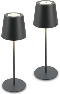 Zdjęcie produktu dla Zestaw 2 lamp stołowych LED bezprzewodowych Unyqoos® – kolor antracytowy, ściemniacz dotykowy (100/50/15%), możliwość regulacji jasności, zasilanie USB-C, 2,5 W/200 lm, do 15 godzin pracy, regulowana wysokość, klasa ochrony IP44