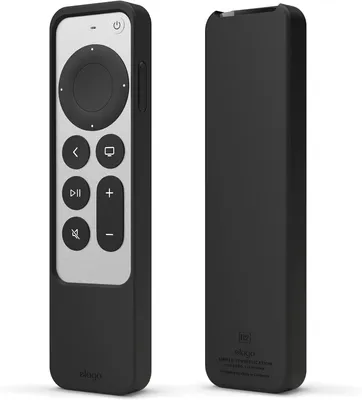 A black silicone case for an Apple TV Siri Remote is shown from the front and back.