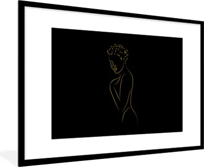 Produktbild von MuchoWow® Gerahmtes Poster Frau - Schwarz - Gold - Strichzeichnung 90x60 cm - Poster mit Schwarzem Bilderrahmen Wandposter Rahmen Foto Bilder - Wanddekoration - Fotos