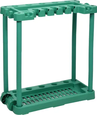 A green plastic garden tool rack with multiple slots for tools and wheels on the bottom.