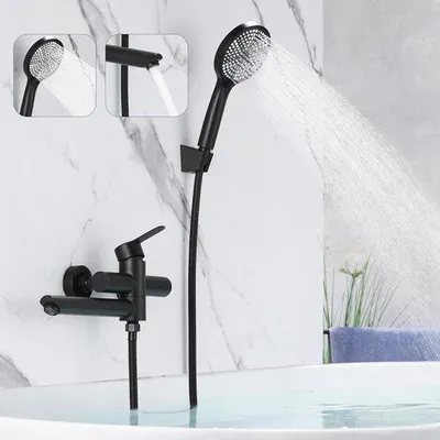 Immagine prodotto di Unyqoos® Rubinetto da bagno nero da montaggio a parete – Miscelatore monocomando con doccetta orientabile a 21 cm (90°), soffione con 3 getti, acciaio inossidabile SUS304, ABS -30%
