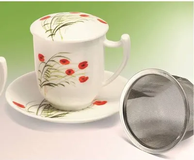 Produktbild von Teetasse mit Sieb CAPRICE Mohnblumen für 0,38L weiß rot Porzellan TeaLogic