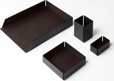 Produktbild von Schreibtisch Set Metall Schwarz und Leder Dunkel Braun - Schreibtisch Zubehör - Hergestellt in Italien