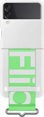 A white Samsung Galaxy Z Flip 3 phone case with a green strap attached.